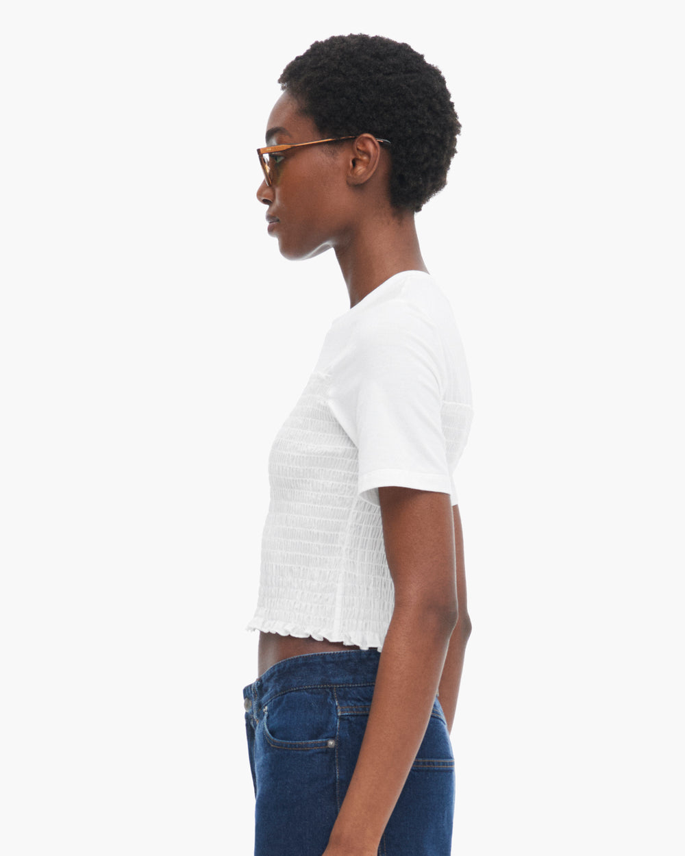 Mixed Media Short Sleeve Crew Neck Smocked Top - White