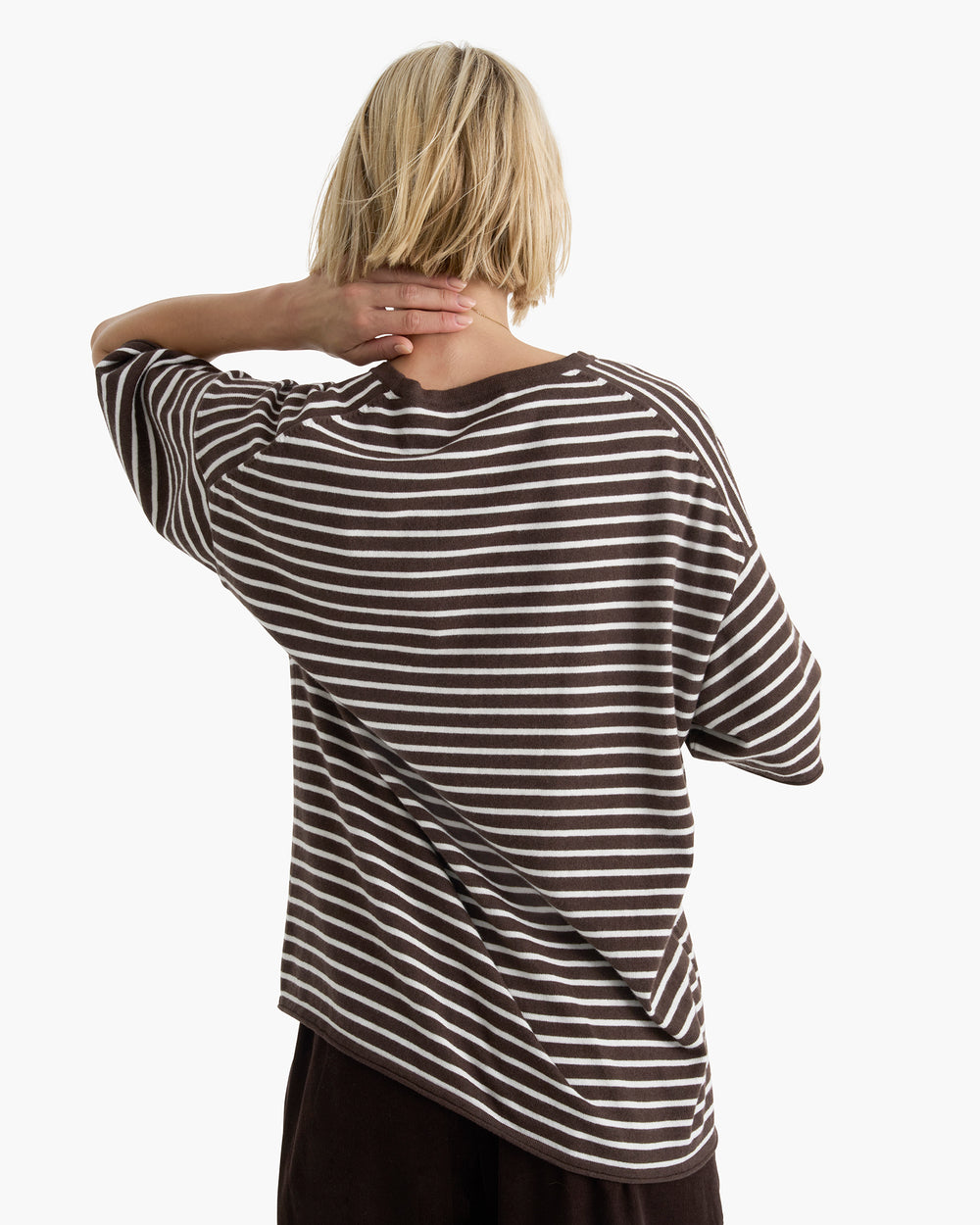 Cotton Cashmere Oversized Striped Crew Neck Tee - Dark Chocolate Chalk