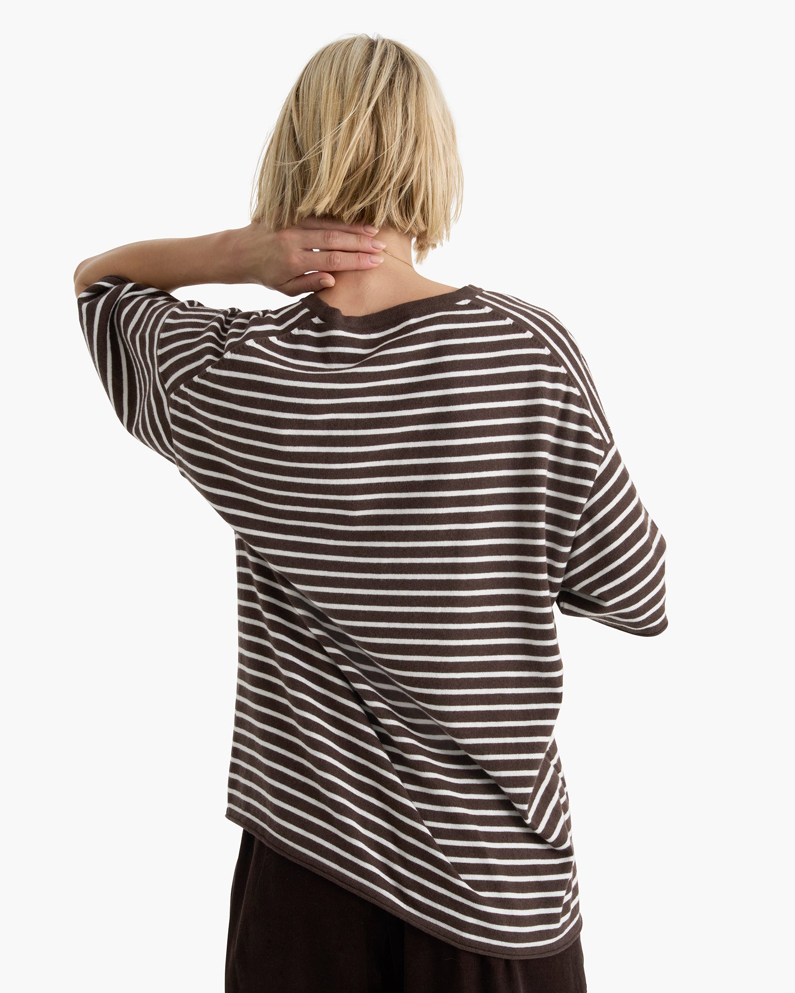 Cotton Cashmere Oversized Striped Crew Neck Tee - Dark Chocolate Chalk