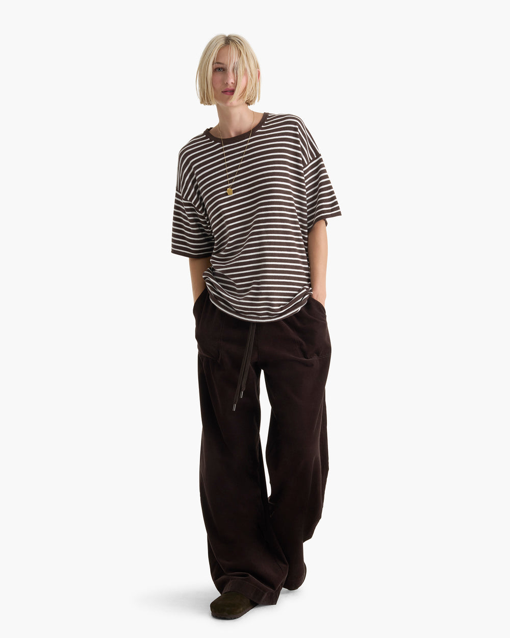 Cotton Cashmere Oversized Striped Crew Neck Tee - Dark Chocolate Chalk
