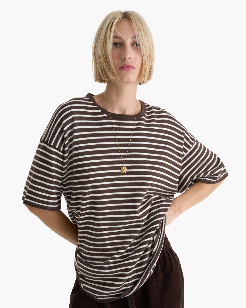 Cotton Cashmere Oversized Striped Crew Neck Tee - Dark Chocolate Chalk