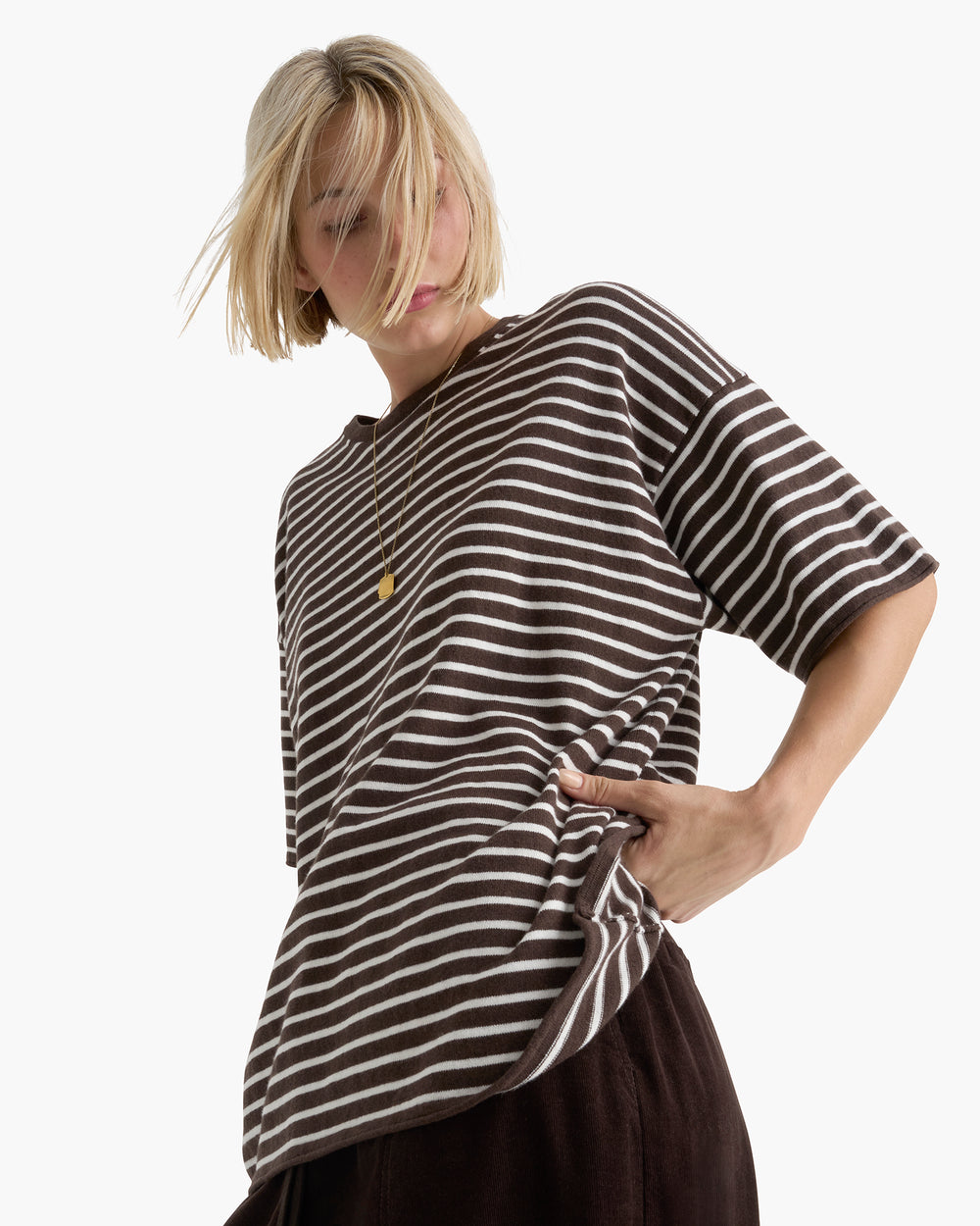 Cotton Cashmere Oversized Striped Crew Neck Tee - Dark Chocolate Chalk