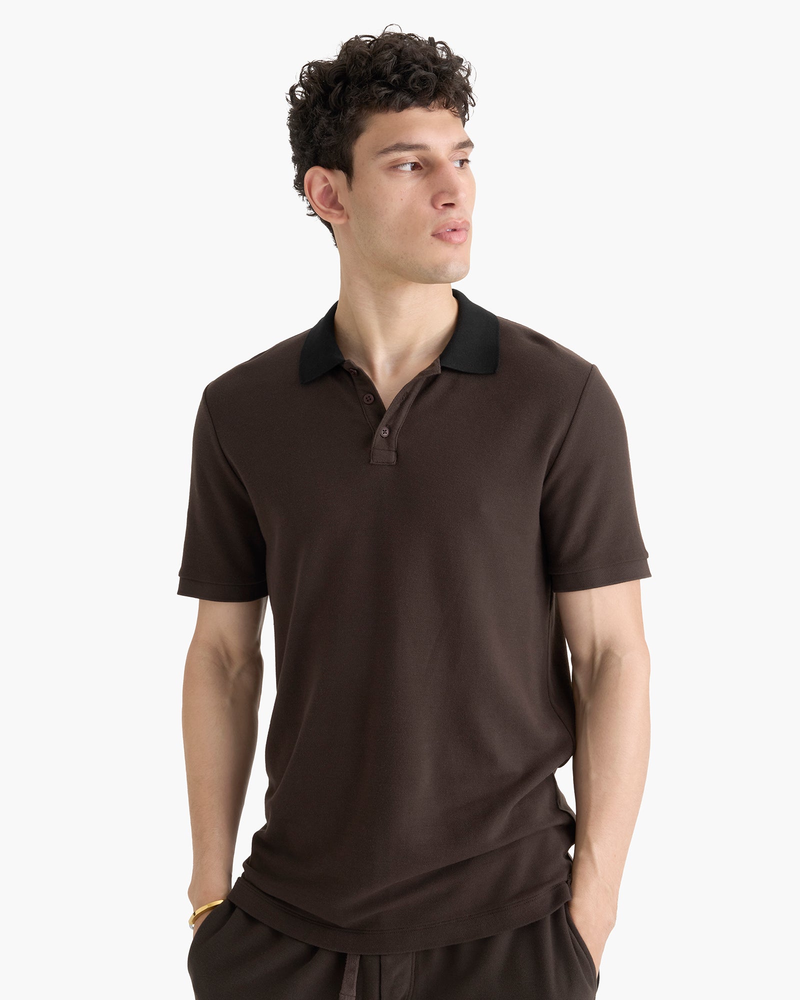 Pima Cotton Pique Polo With Contrast Collar - Dark Chocolate Black