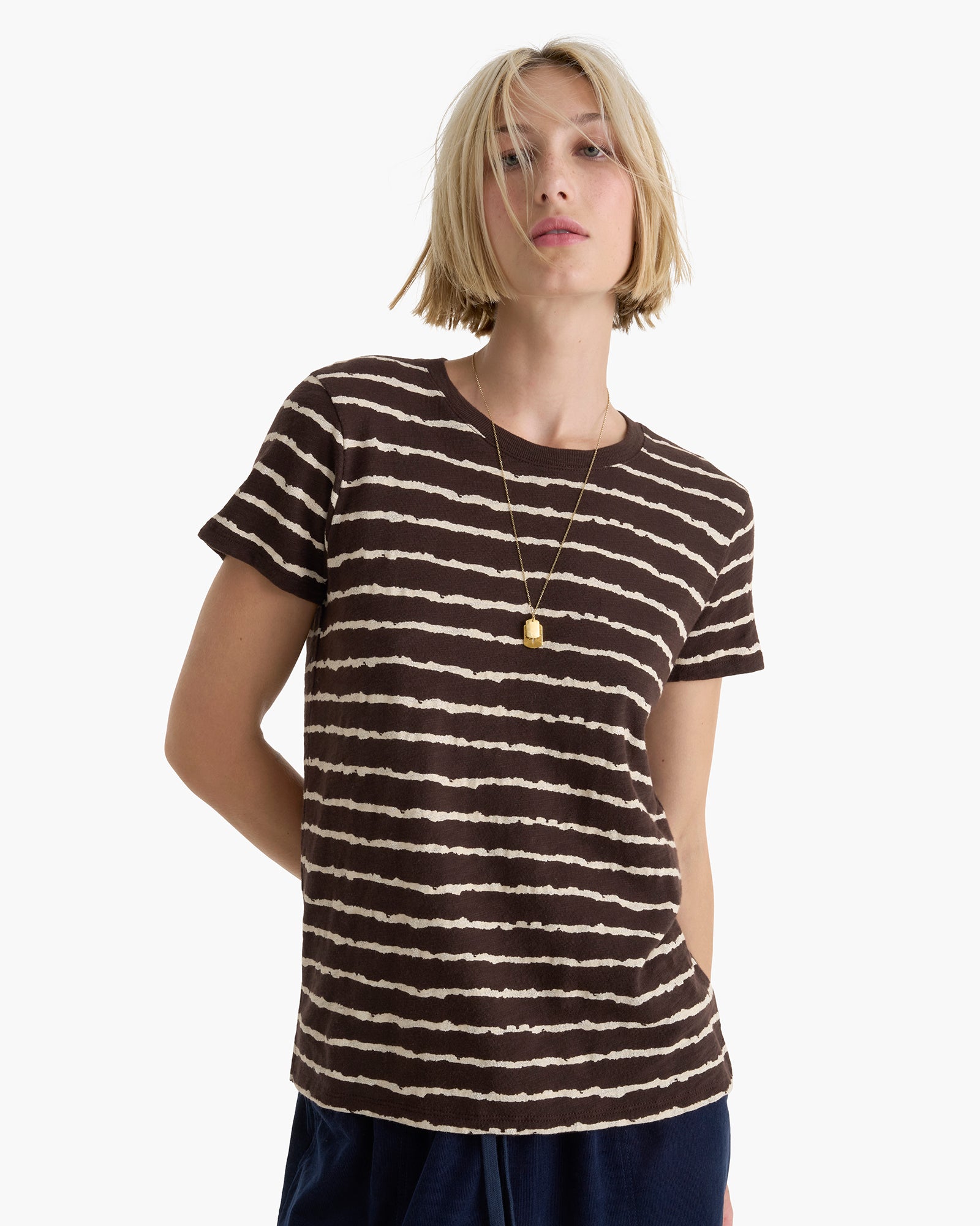 Slub Jersey Schoolboy Crew Neck Tee - Dark Chocolate Chalk