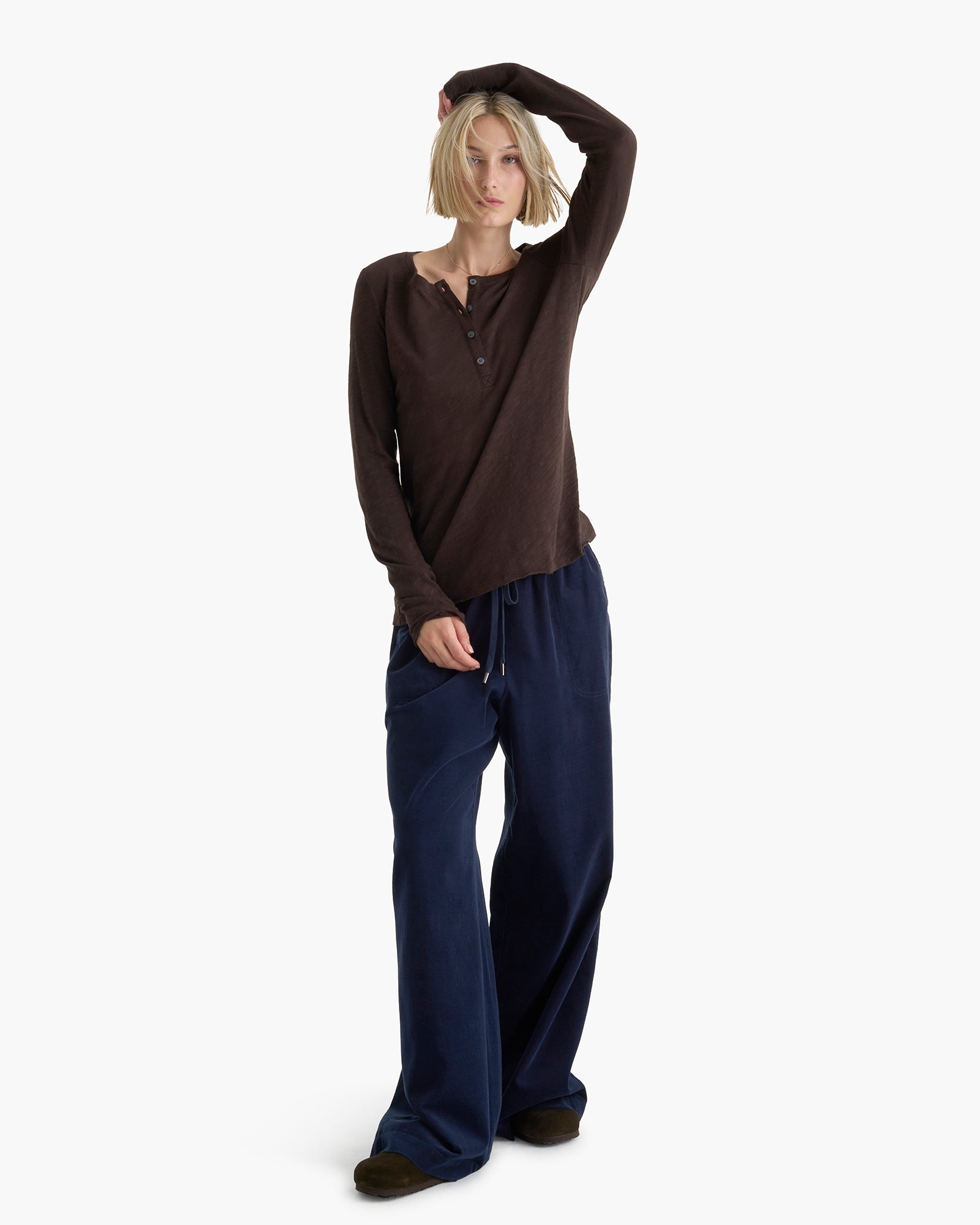 Slub Jersey Destroyed Wash Henley - Dark Chocolate