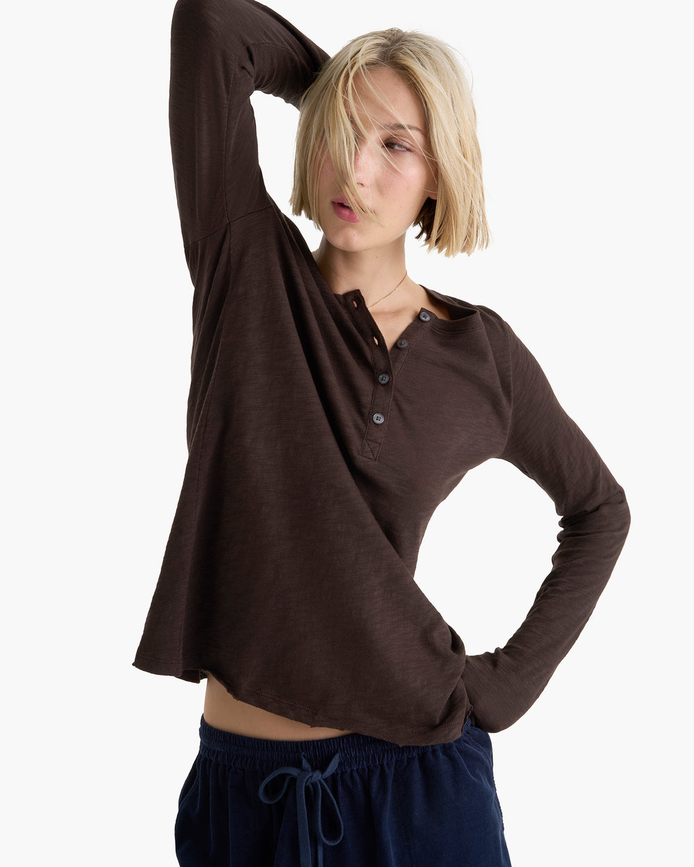 Slub Jersey Destroyed Wash Henley - Dark Chocolate