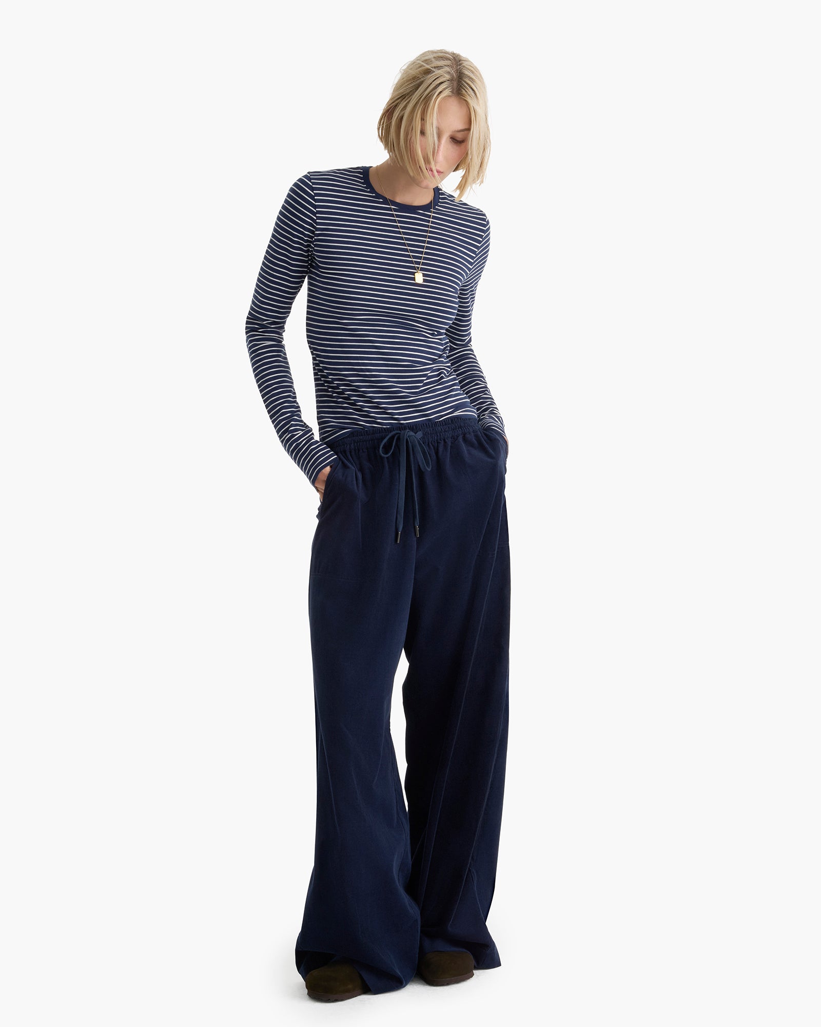 Pima Cotton Spandex Long Sleeve Baby Tee - Midnight-White