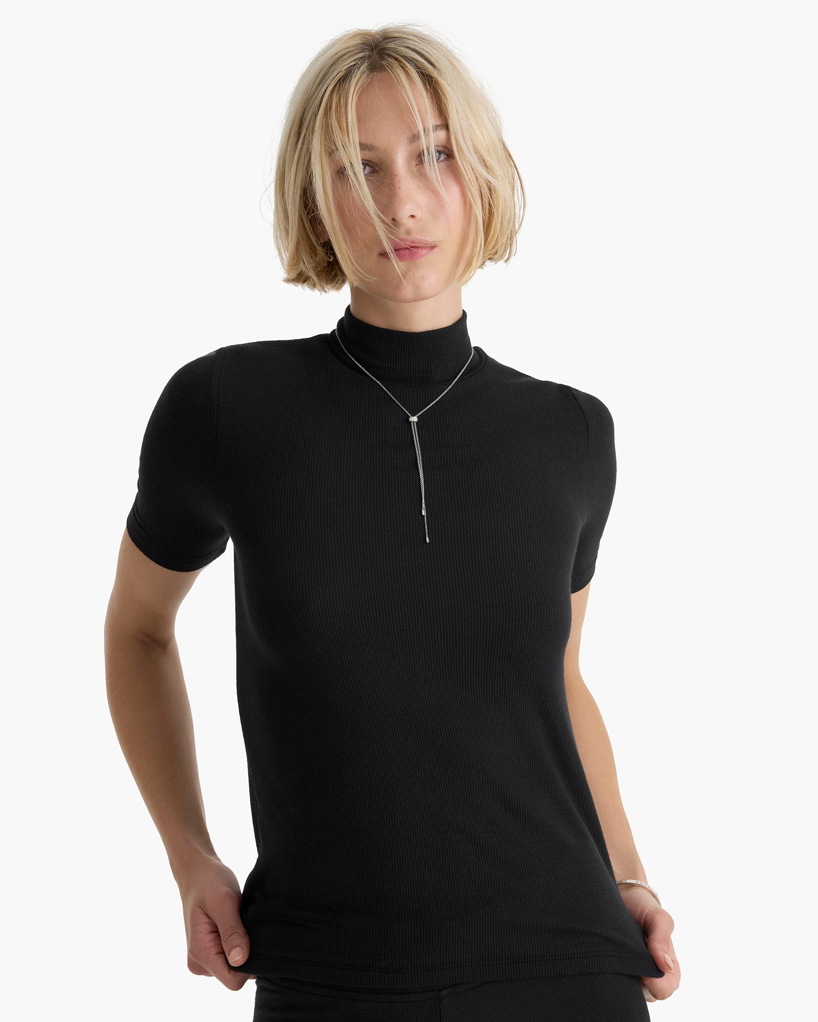 Modal Rib Short Sleeve Mock Neck Tee - Black