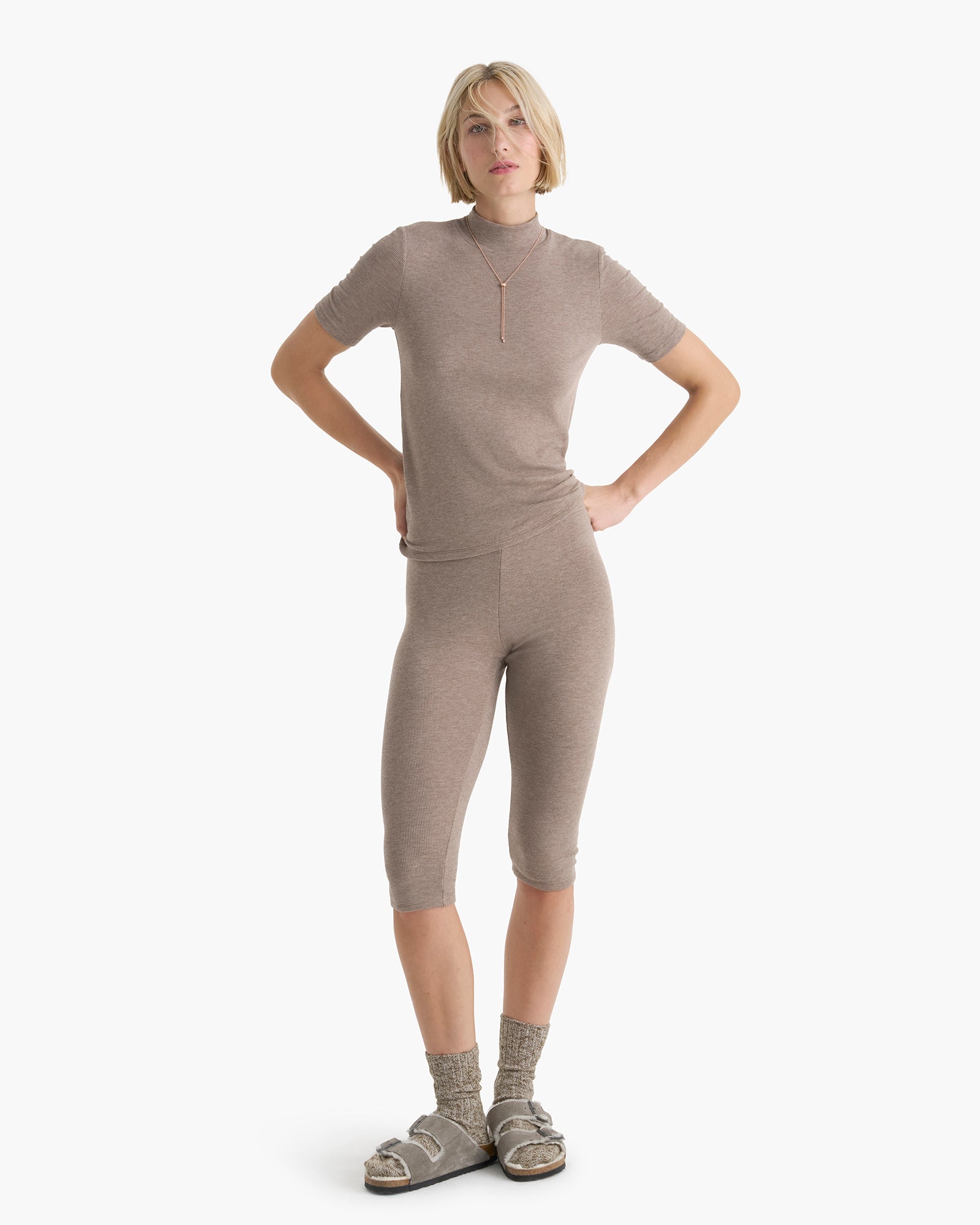 Modal Rib Short Sleeve Mock Neck Tee -  Faded Mocha