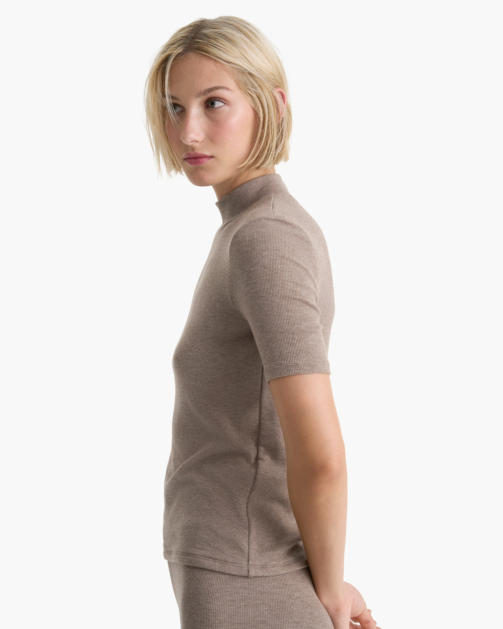 Modal Rib Short Sleeve Mock Neck Tee -  Faded Mocha