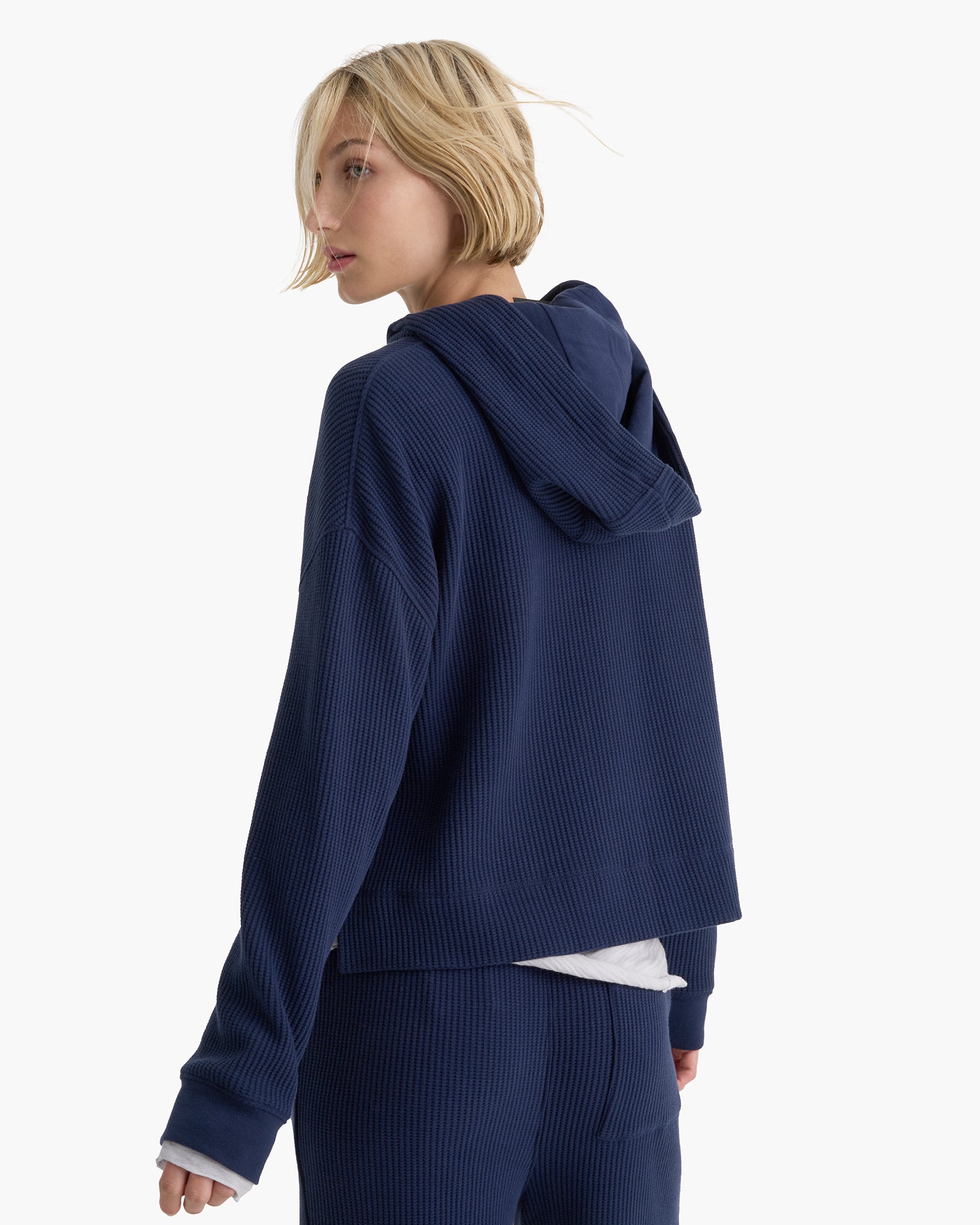 Cotton Waffle Pull Over Hoodie - Midnight