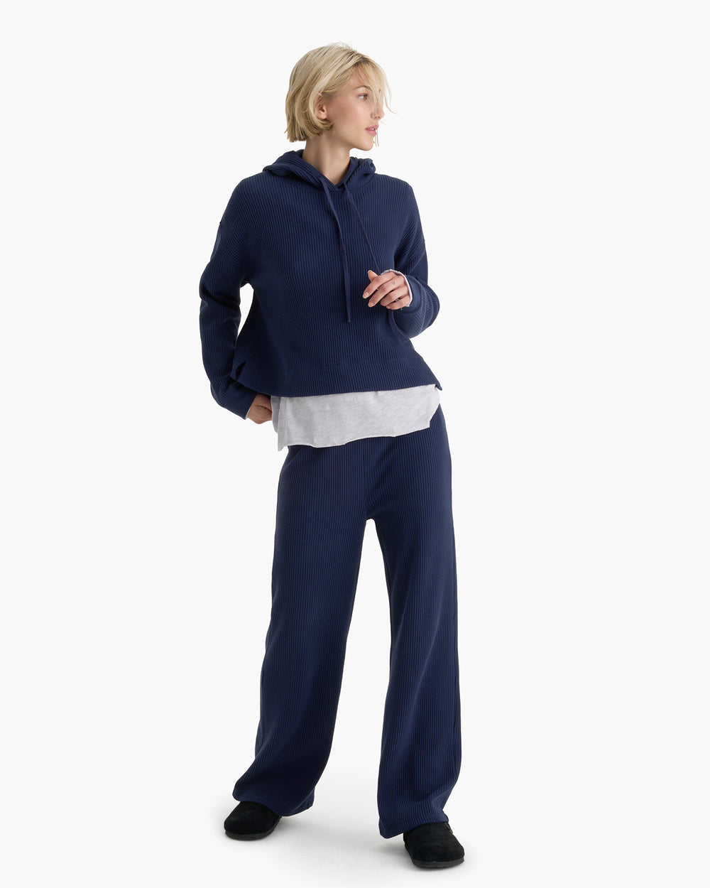 Cotton Waffle Pull Over Hoodie - Midnight