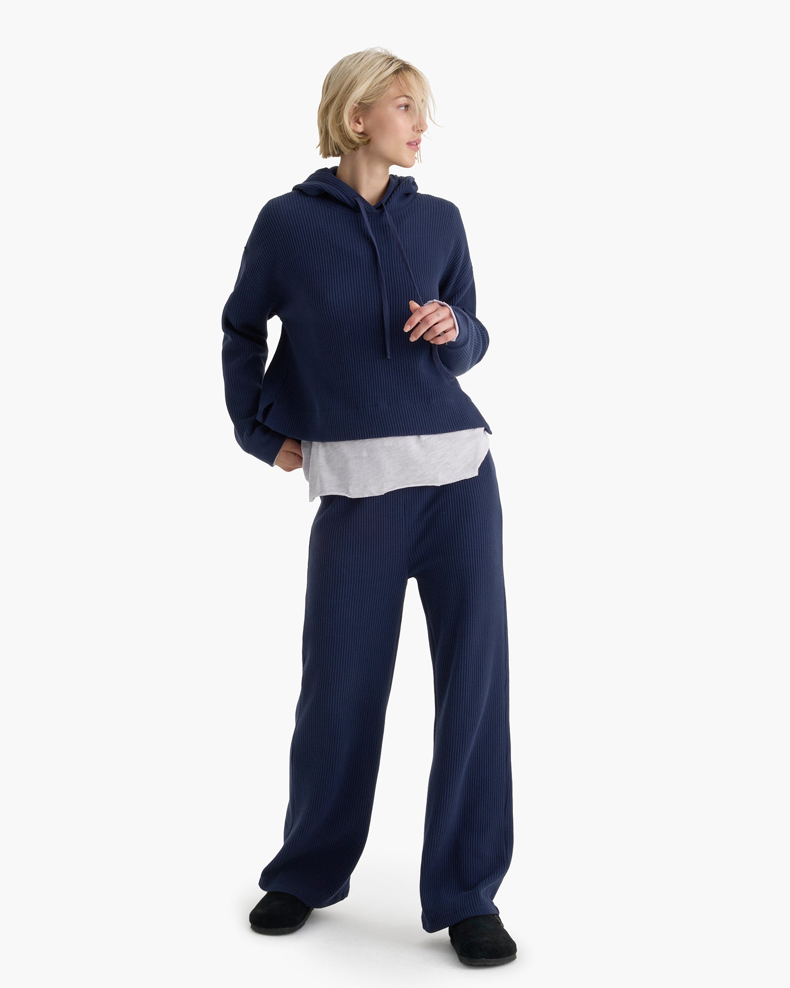 Cotton Waffle Pull Over Hoodie - Midnight