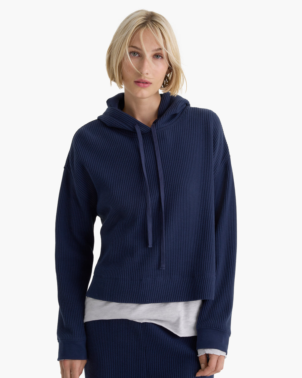 Cotton Waffle Pull Over Hoodie - Midnight