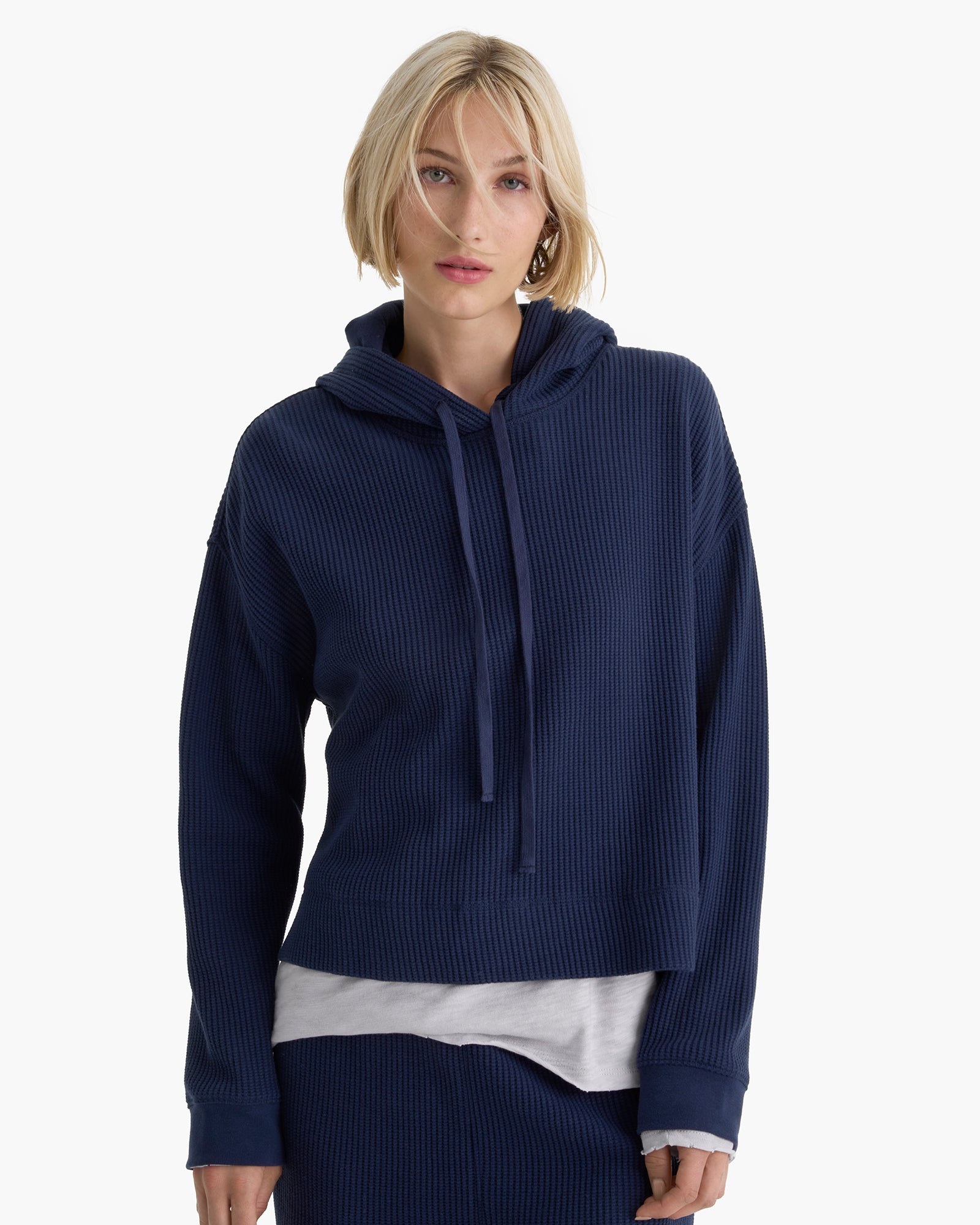Cotton Waffle Pull Over Hoodie - Midnight