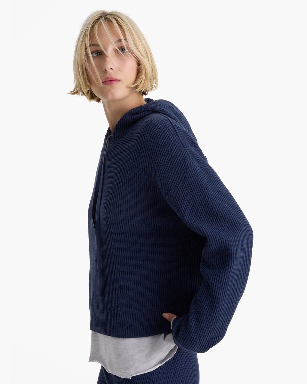 Cotton Waffle Pull Over Hoodie - Midnight