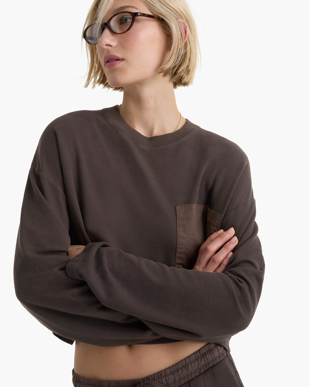 Mixed Media Pima Cotton Pique Pocket Tee - Dark Chocolate