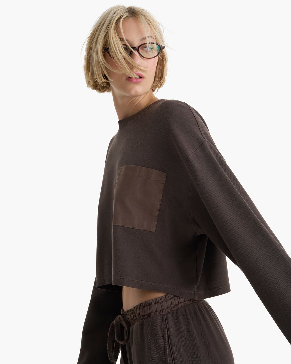 Mixed Media Pima Cotton Pique Pocket Tee - Dark Chocolate