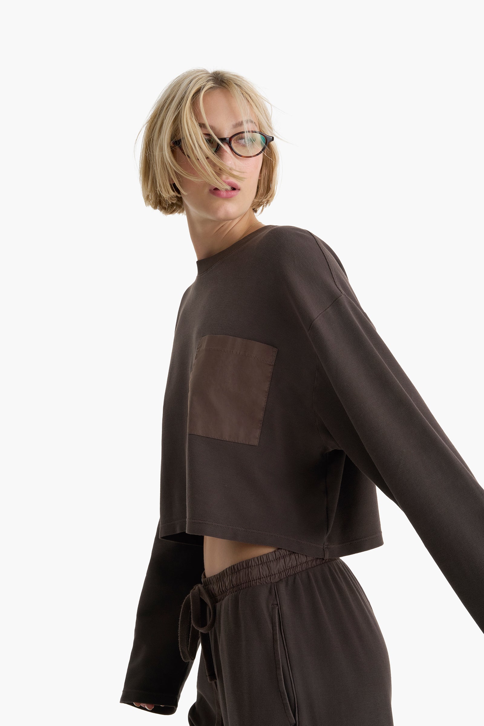 Mixed Media Pima Cotton Pique Pocket Tee - Dark Chocolate