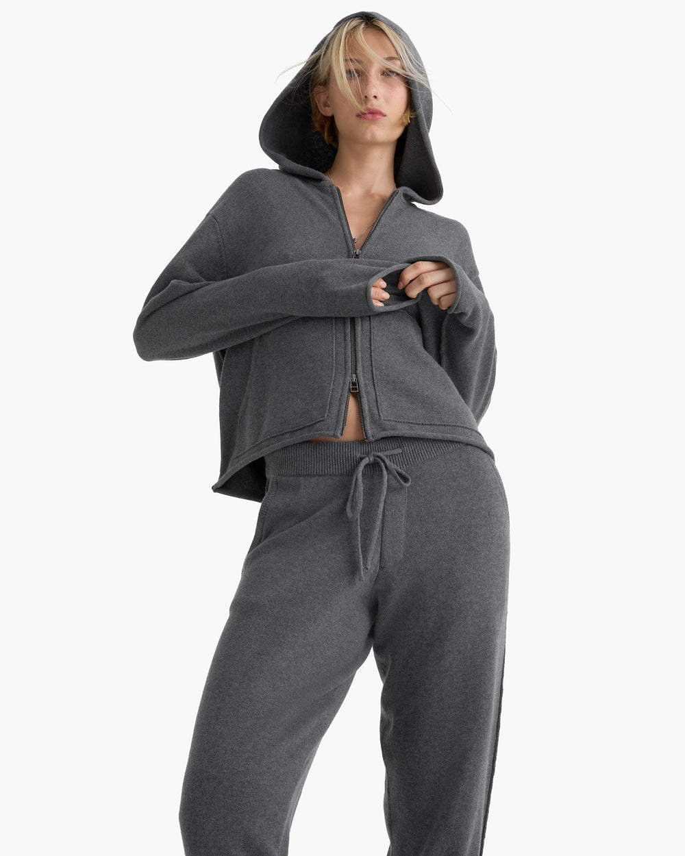 Cotton Cashmere Zip Up Hoodie - Dark Heather Grey