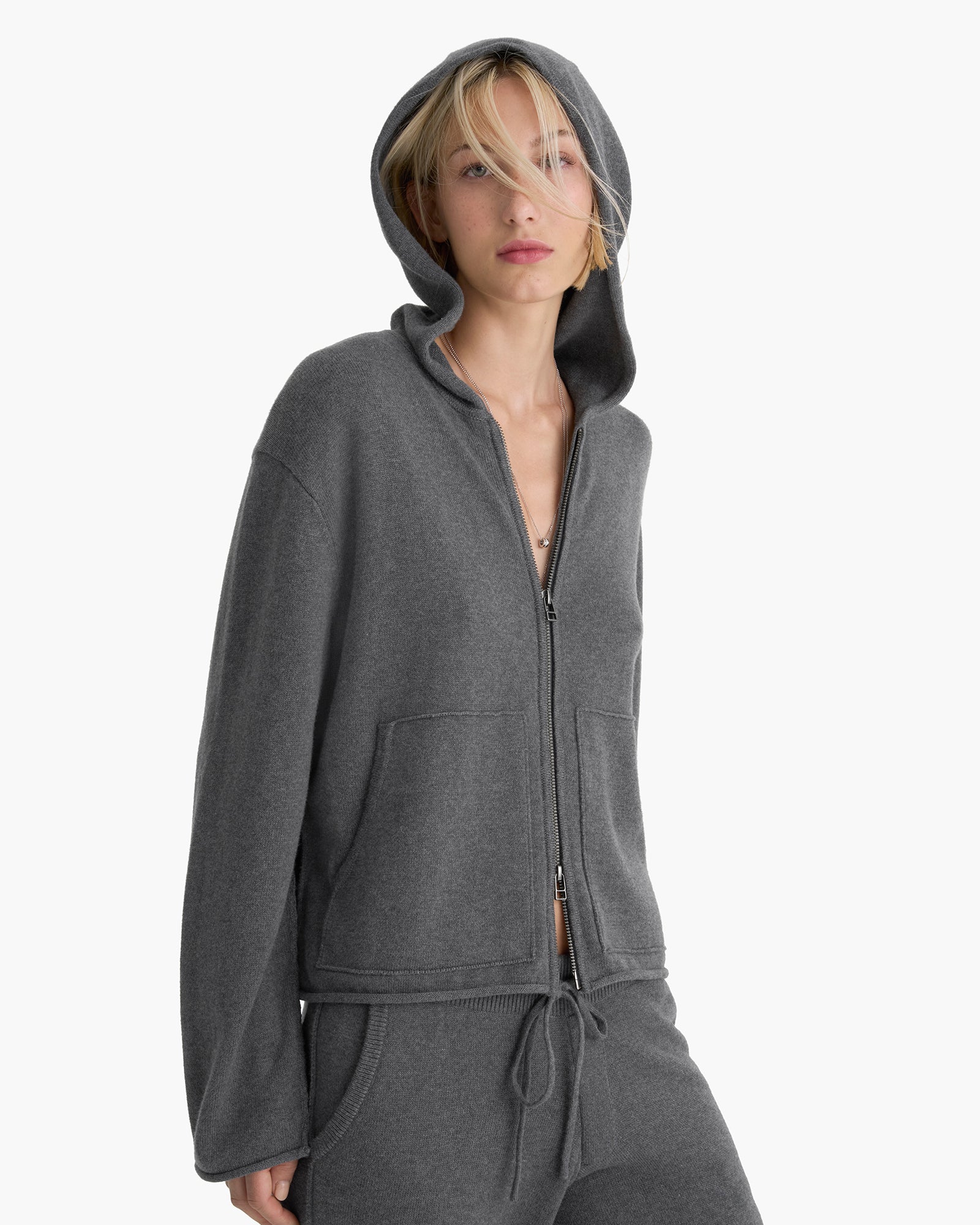 Cotton Cashmere Zip Up Hoodie - Dark Heather Grey