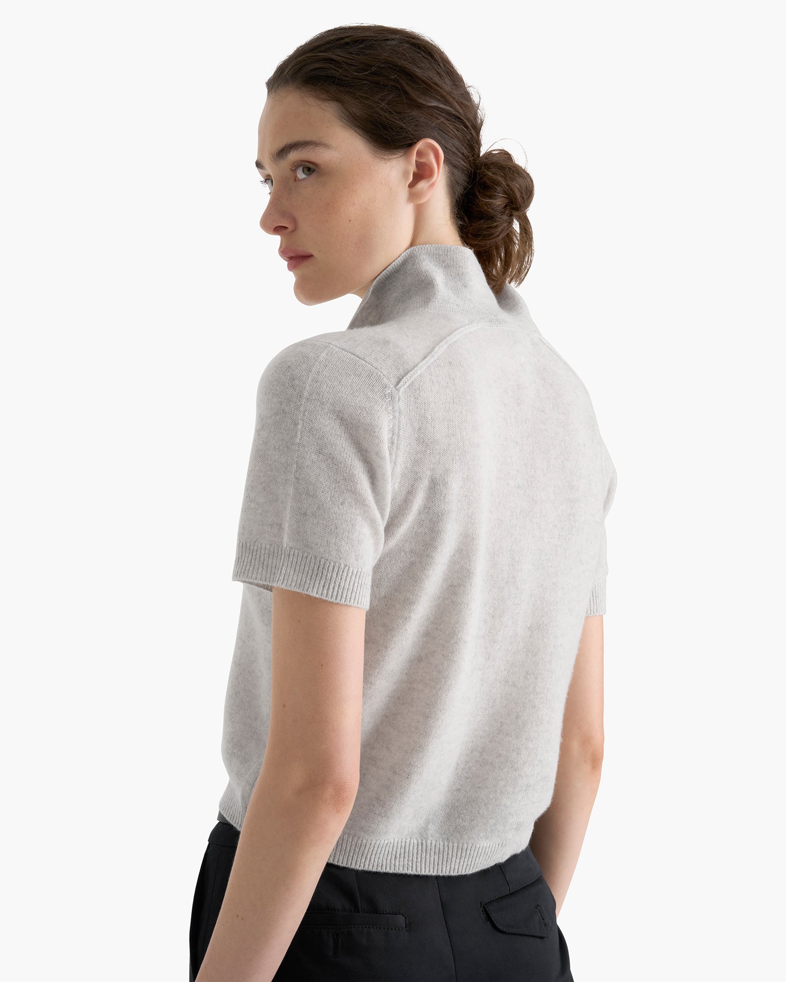 Lightweight Cashmere Exposed Seam Polo - Heather Light Grey