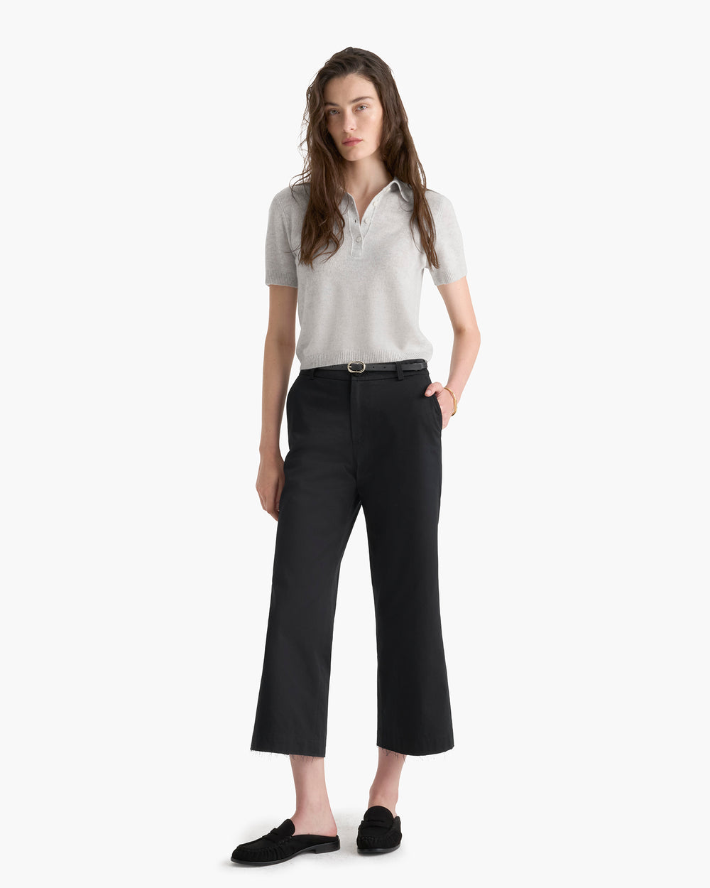 Lightweight Cashmere Exposed Seam Polo - Heather Light Grey