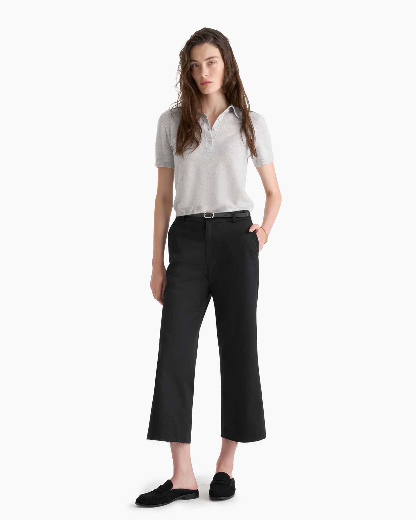 Lightweight Cashmere Exposed Seam Polo - Heather Light Grey