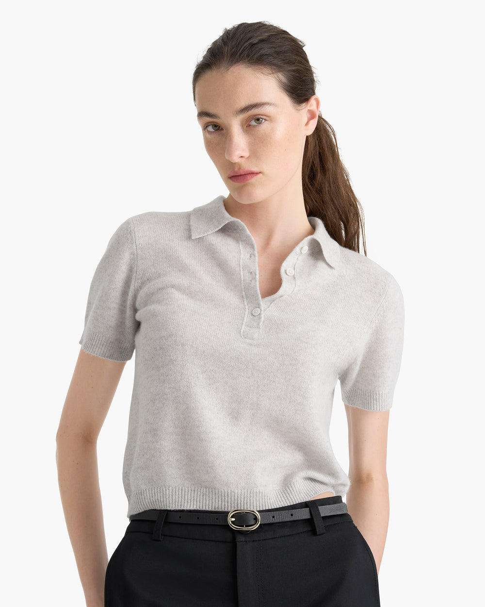 Lightweight Cashmere Exposed Seam Polo - Heather Light Grey