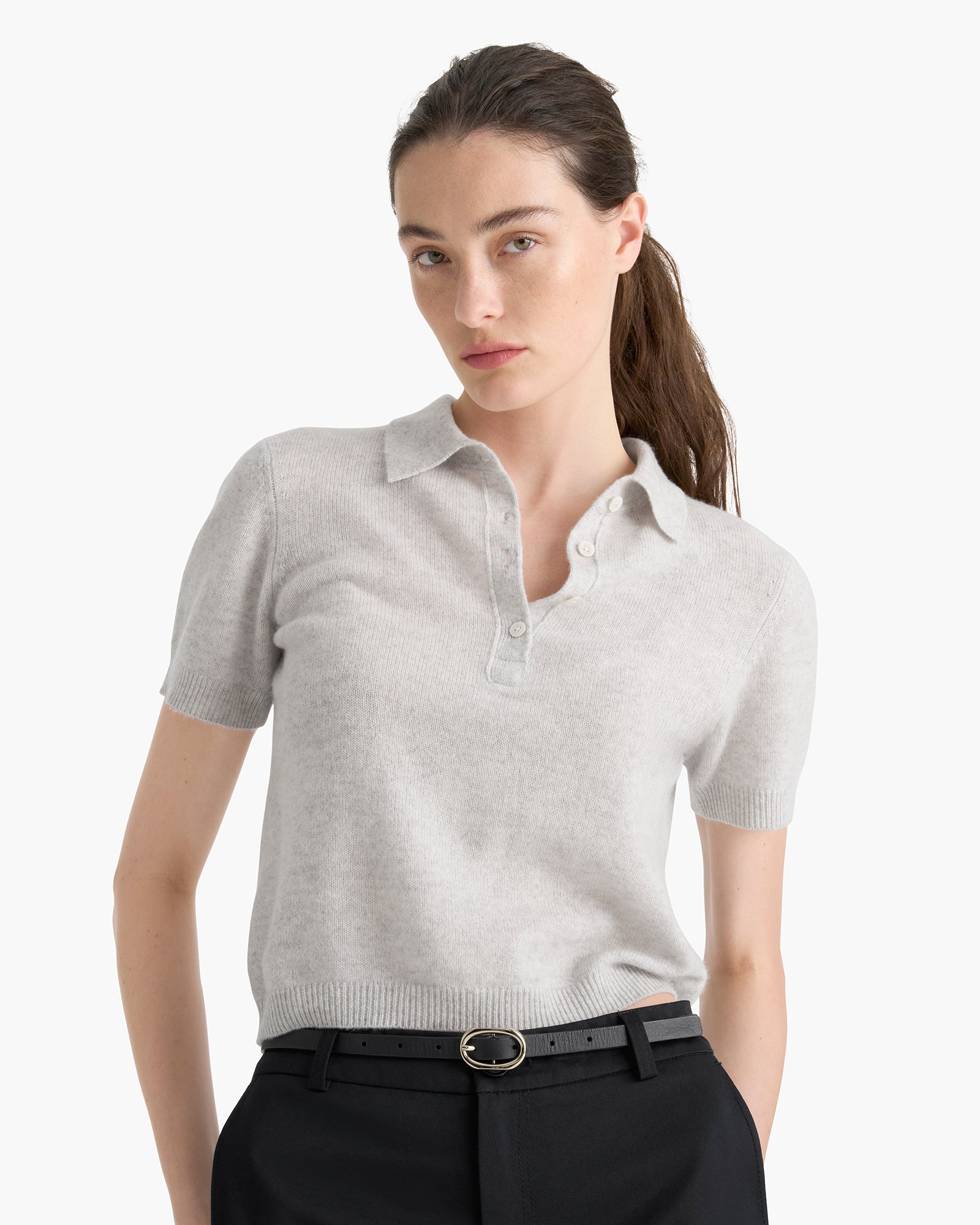 Lightweight Cashmere Exposed Seam Polo - Heather Light Grey
