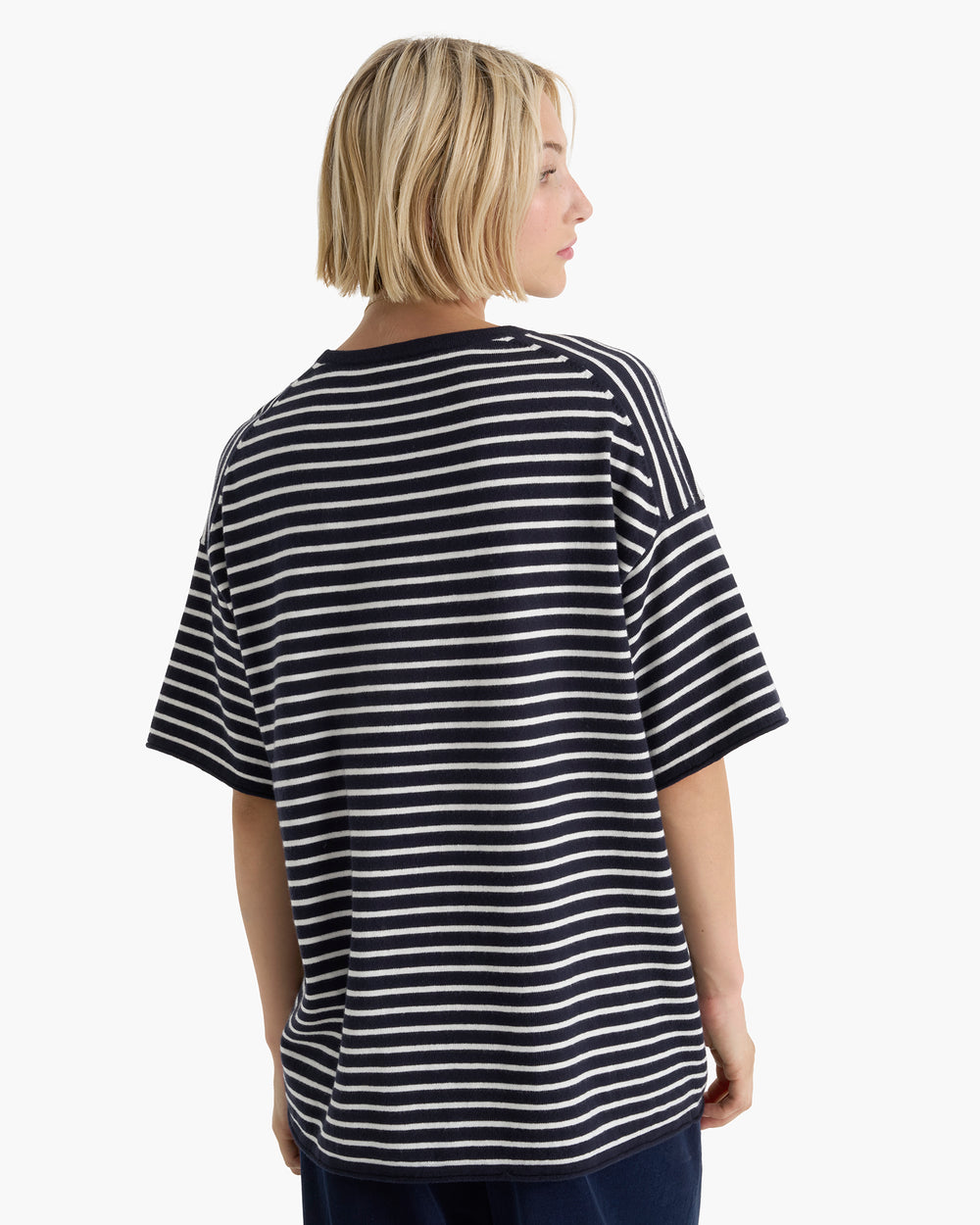 Cotton Cashmere Oversized Striped Crew Neck Tee - Midnight Chalk
