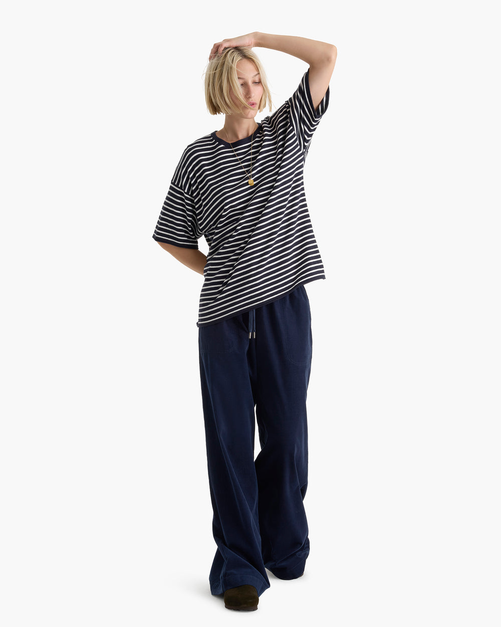 Cotton Cashmere Oversized Striped Crew Neck Tee - Midnight Chalk