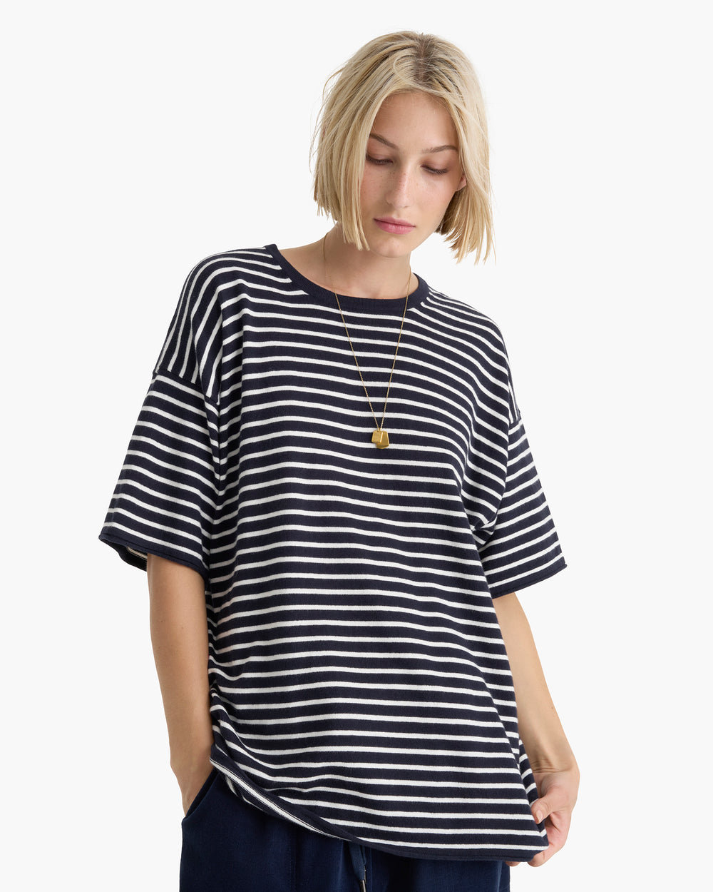 Cotton Cashmere Oversized Striped Crew Neck Tee - Midnight Chalk