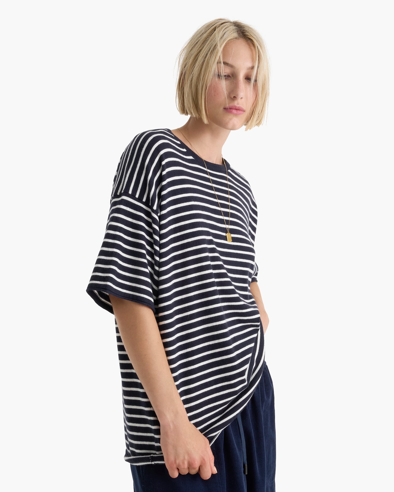 Cotton Cashmere Oversized Striped Crew Neck Tee - Midnight Chalk
