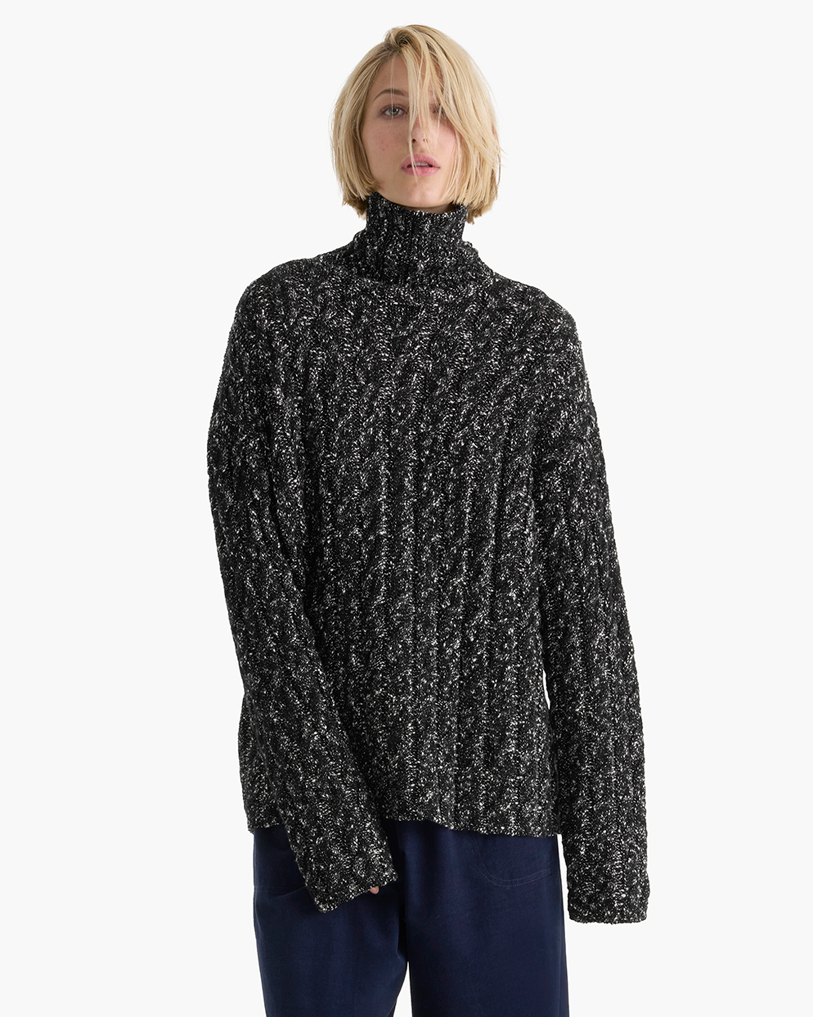 Marled Cotton Wool Blend Turtle Neck - Black Marl