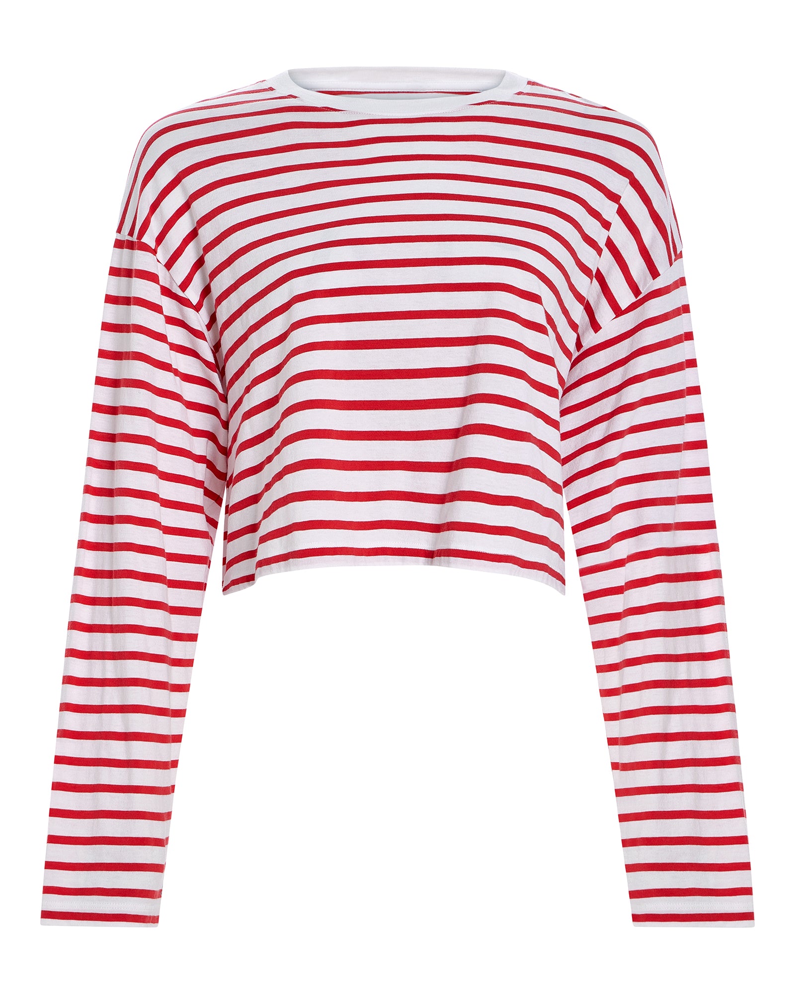 Classic Jersey Long Sleeve Crew Neck Boxy Tee - White/ Cardinal Red