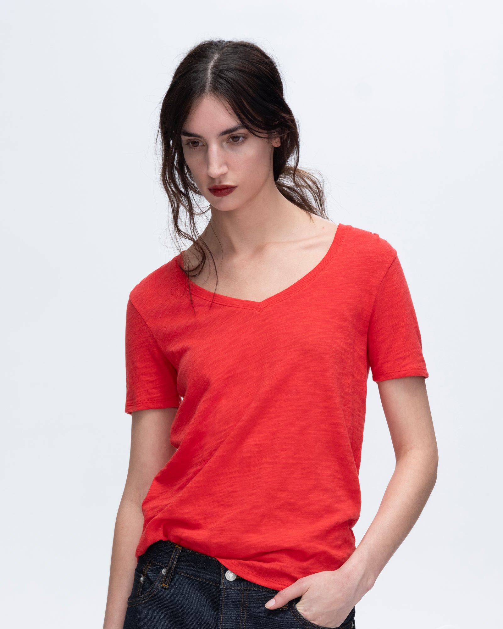 Slub Jersey Classic Short Sleeve V-Neck Tee - Cardinal Red