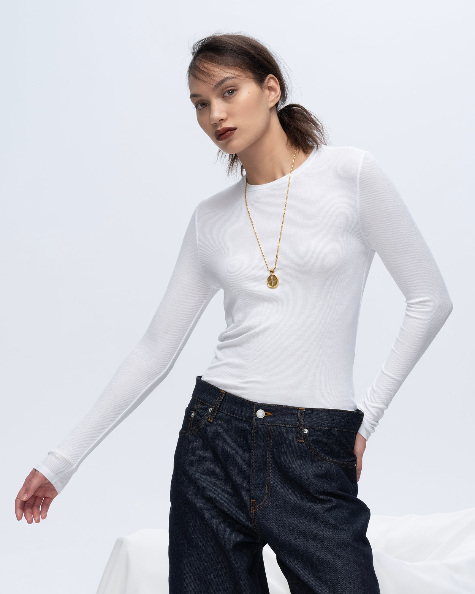 Modal Rib Long Sleeve Crew - White
