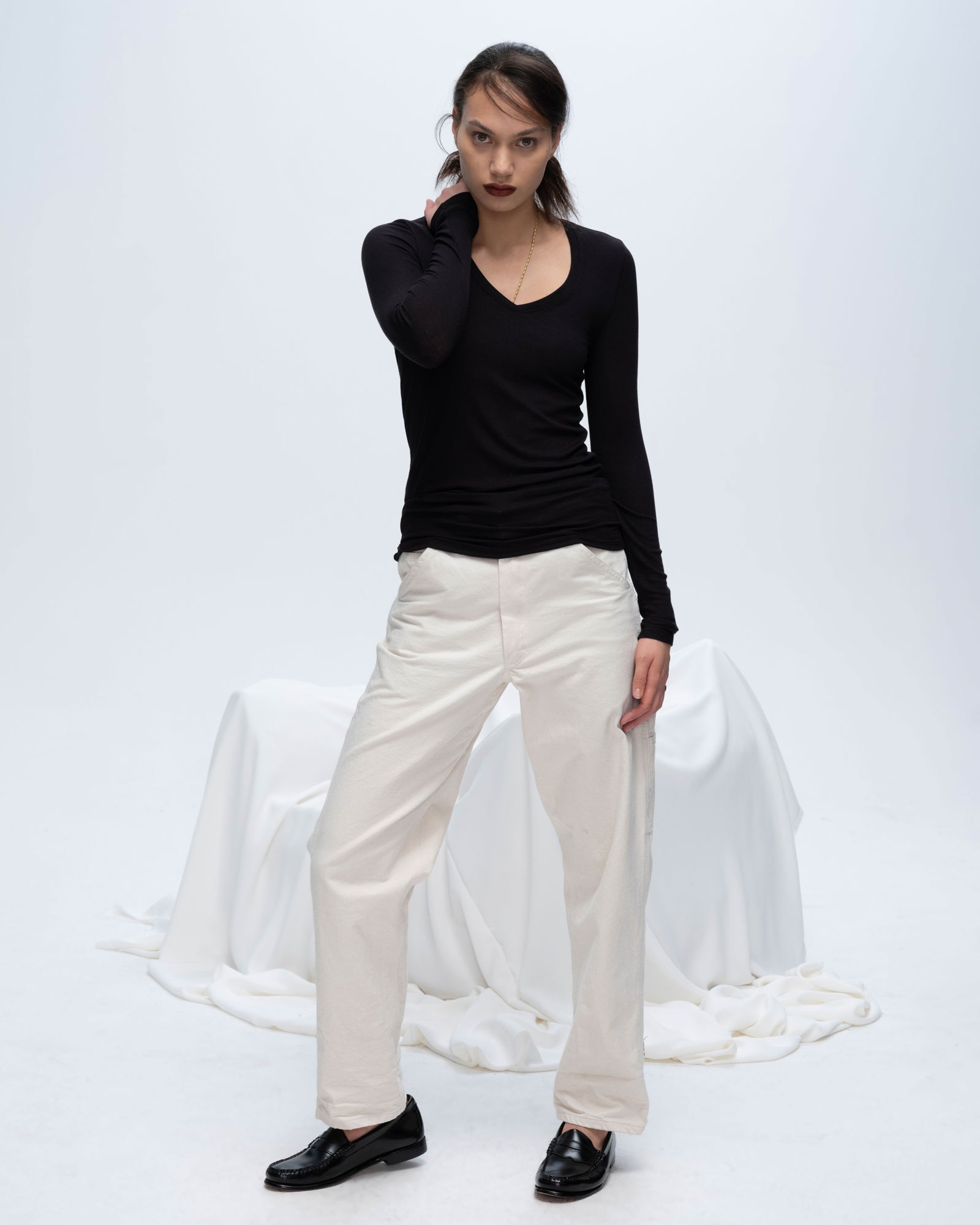Modal Rib Long Sleeve V-Neck Tee - Black