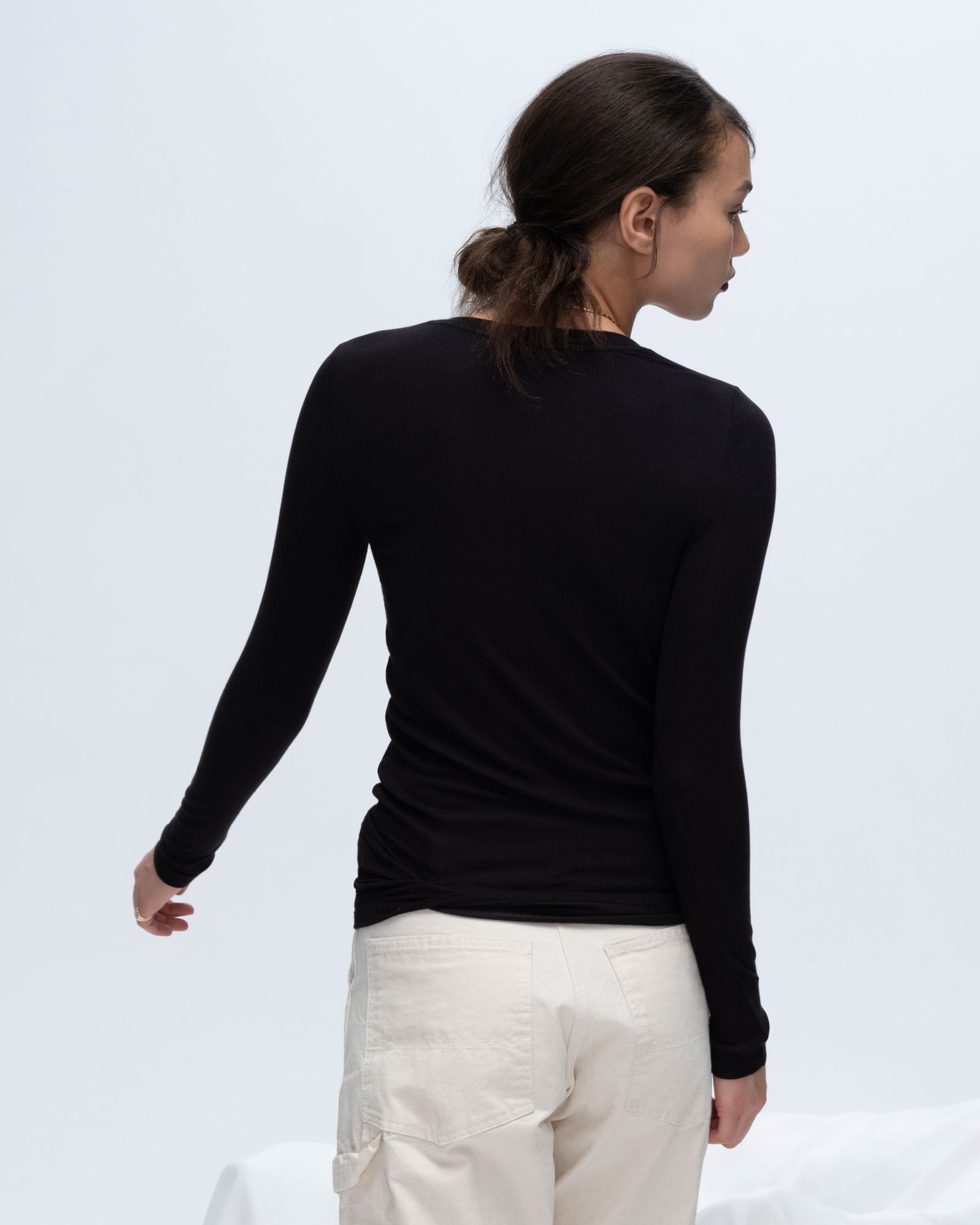 Modal Rib Long Sleeve V-Neck Tee - Black