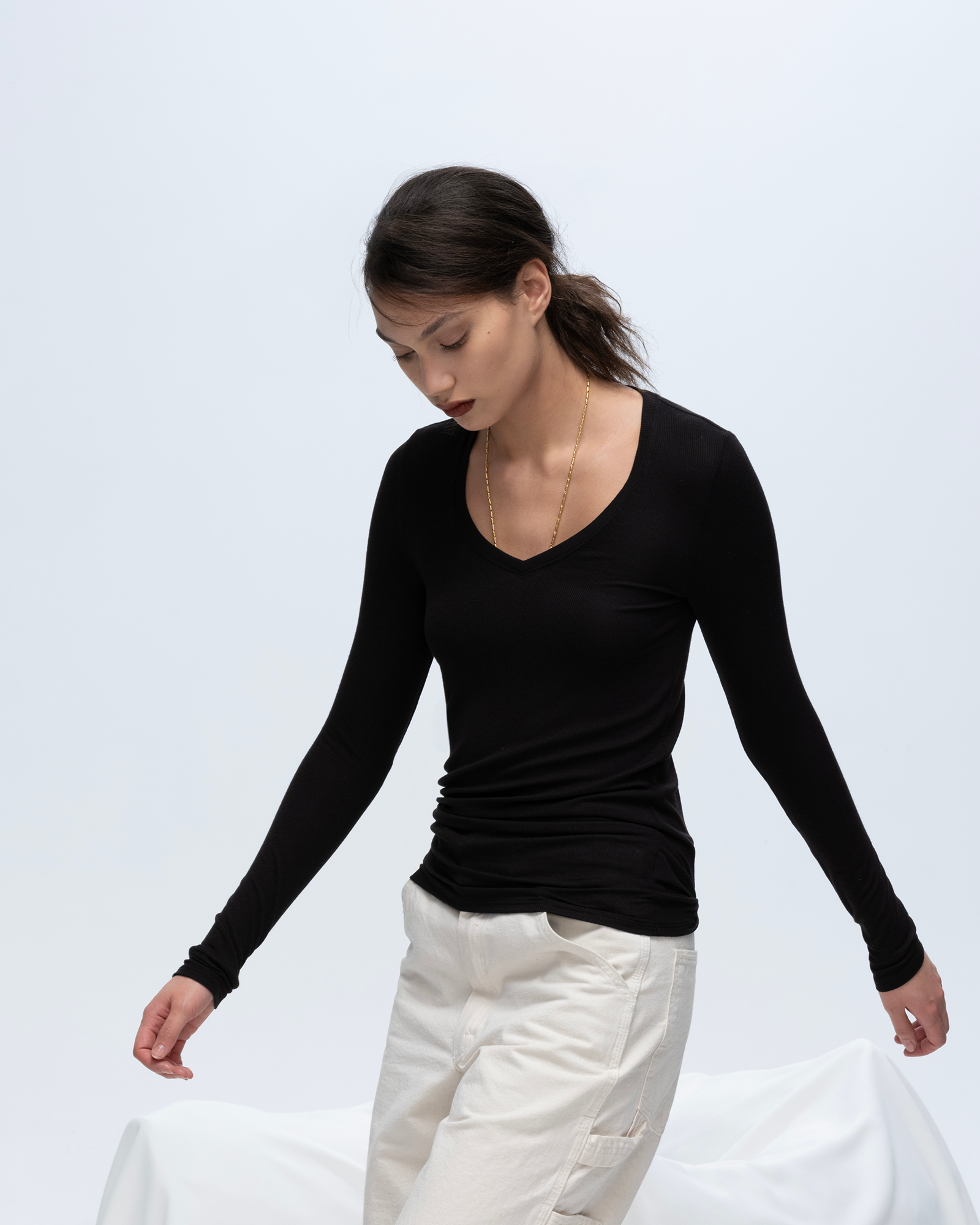 Modal Rib Long Sleeve V-Neck Tee - Black