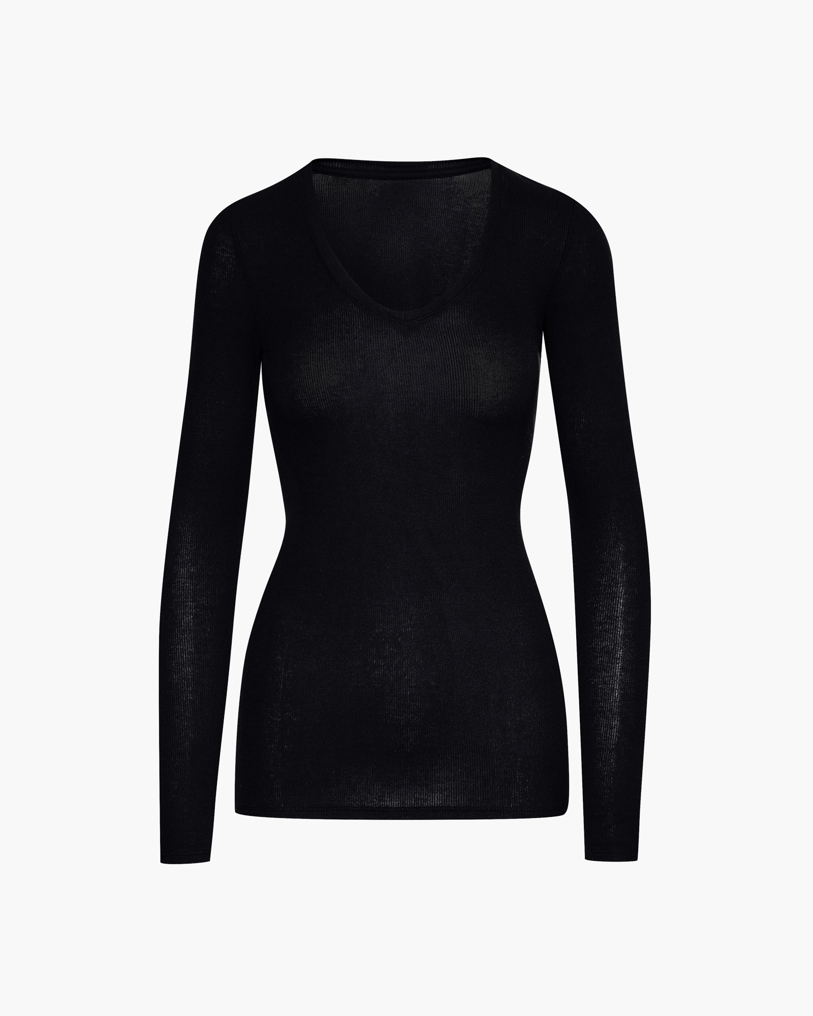 Modal Rib Long Sleeve V-Neck Tee - Black