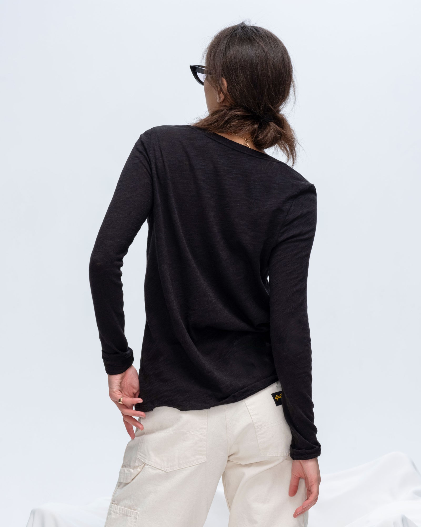 Slub Jersey Long Sleeve V-Neck Tee - Black