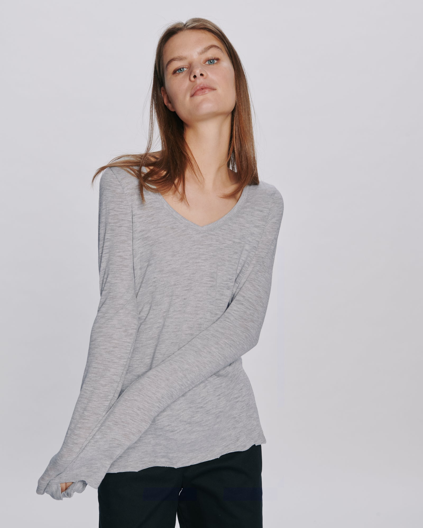 Slub Jersey Long Sleeve V-Neck Tee - Heather Grey