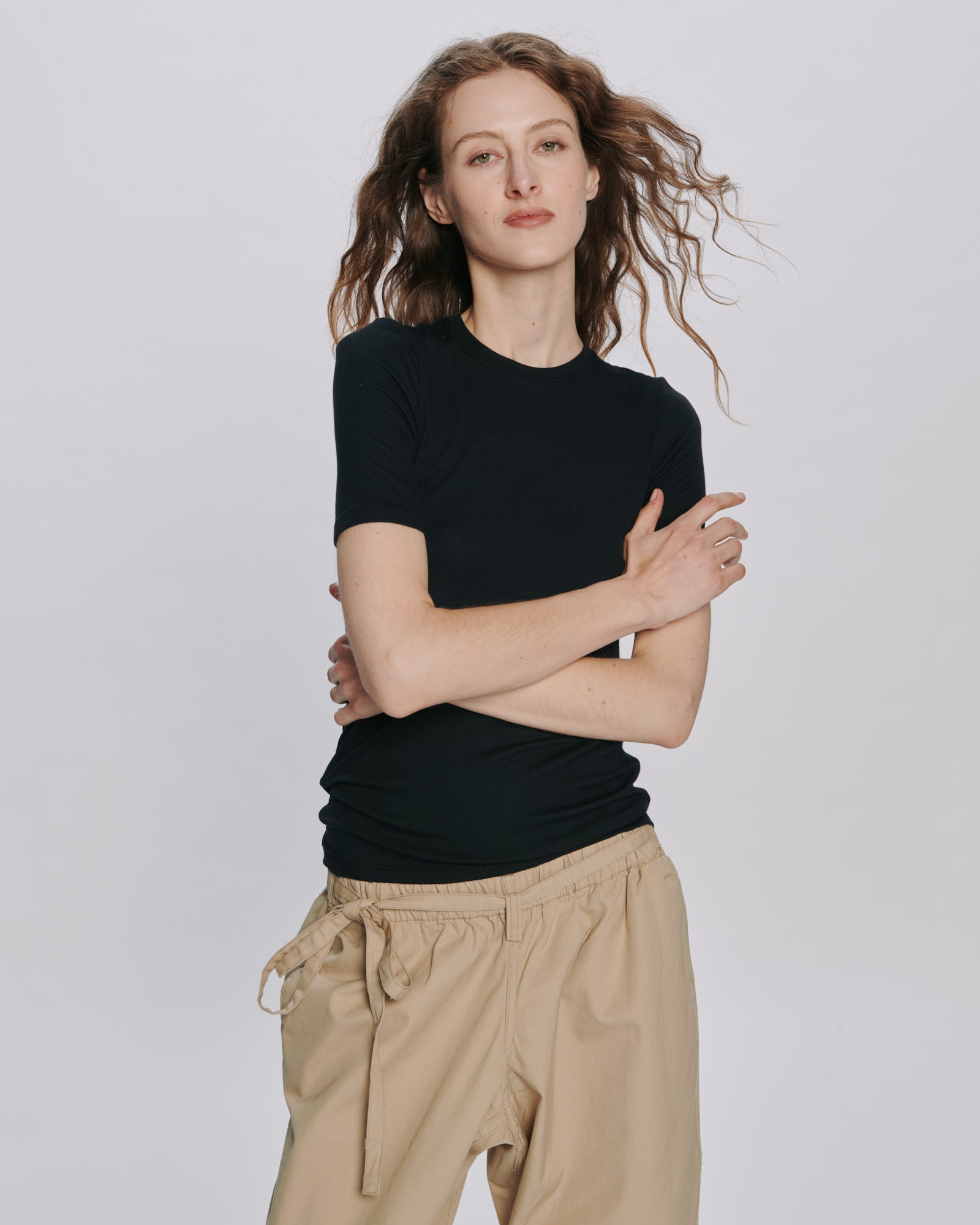 Modal Rib Short Sleeve Crew Neck Tee - Black