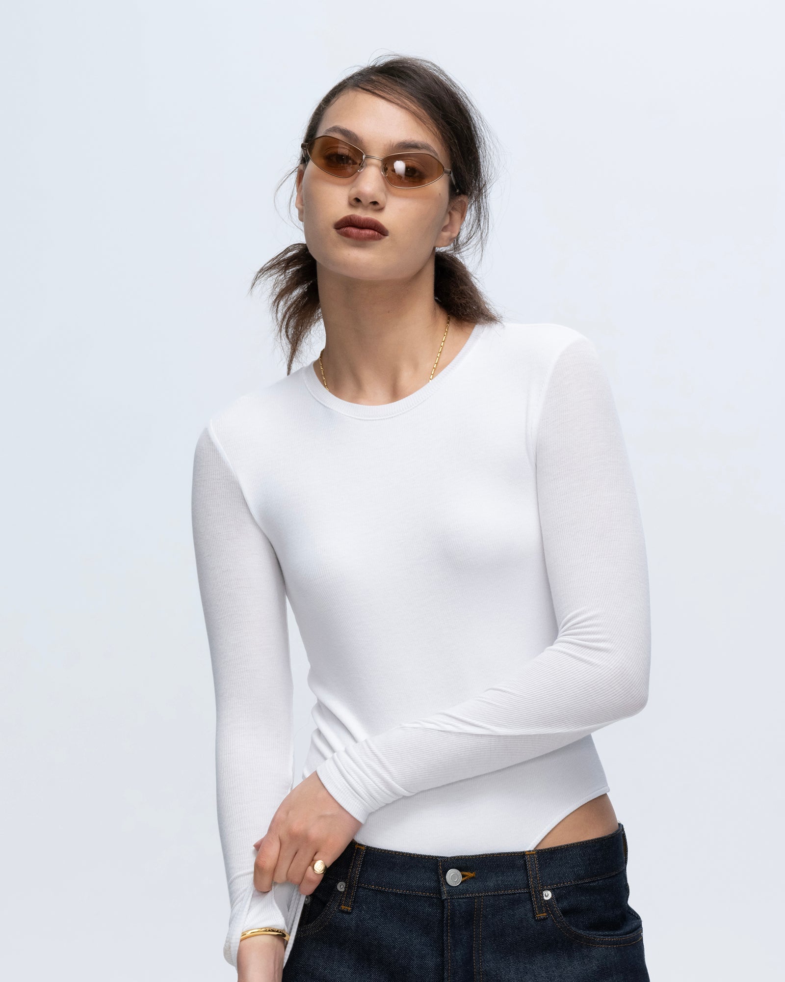 Modal Rib Long Sleeve Bodysuit - White