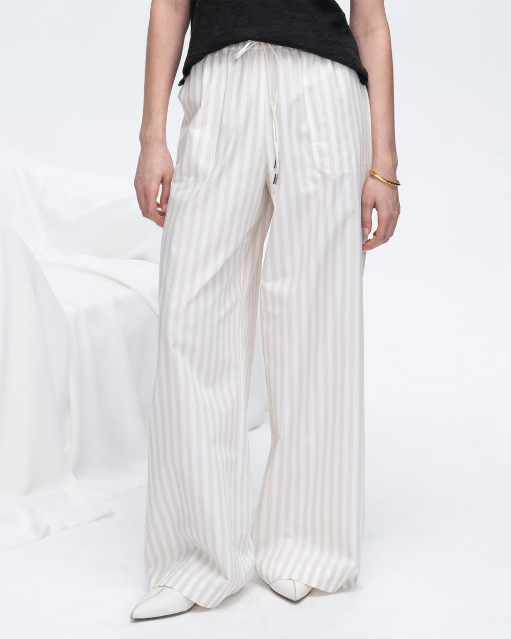 Cotton Blend Yarn Die Stripe Pull on Pants - Soft Beige-Chalk