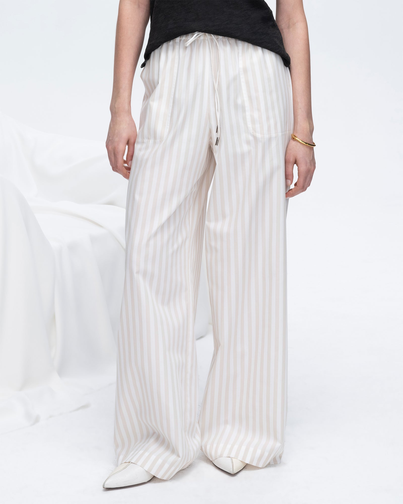 Cotton Blend Yarn Die Stripe Pull on Pants - Soft Beige-Chalk
