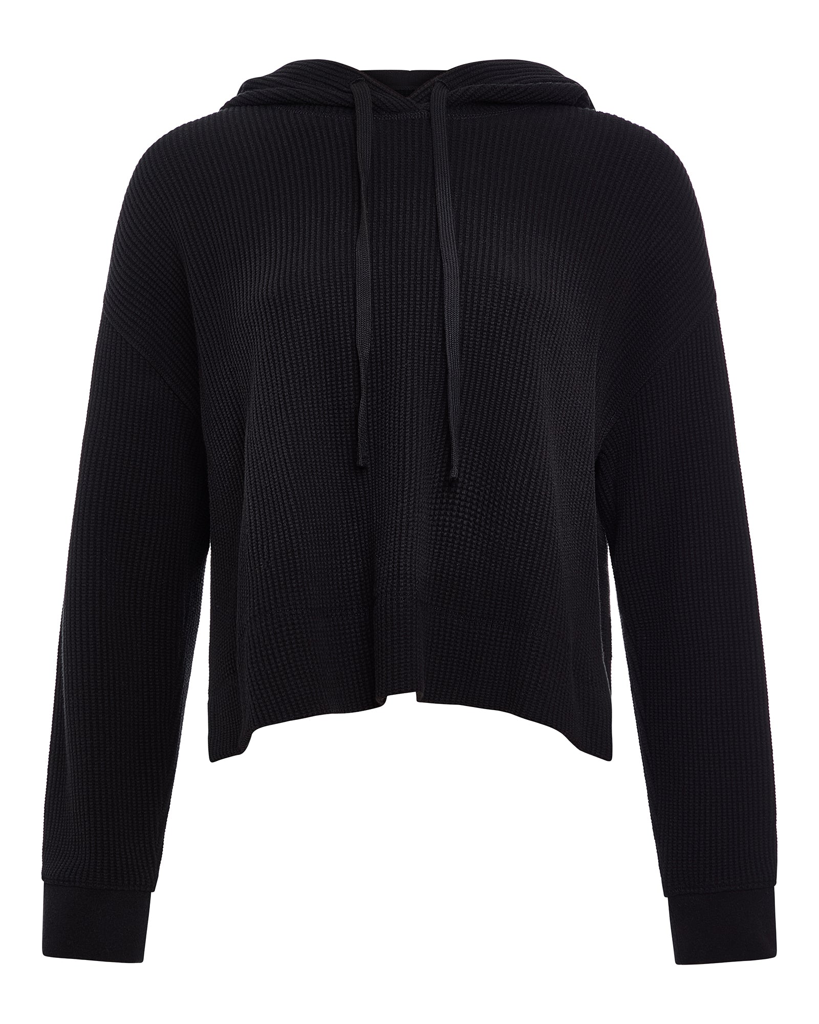 Cotton Waffle Pullover Hoodie - Black