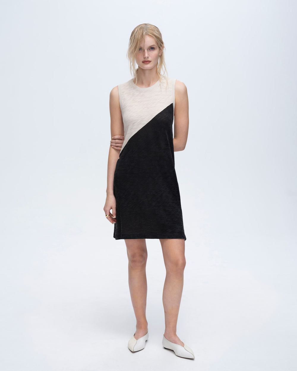 Slub Jersey Sleeveless A-Line Dress Colorblock - Soft Beige-Black
